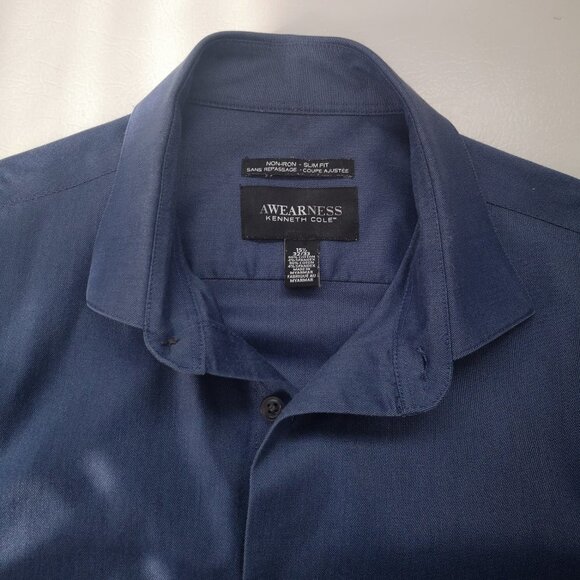 Awearness Kenneth Cole Men's Size 15 1/2 Blue Slim Fit Dress Shirt - Picture 4 of 11